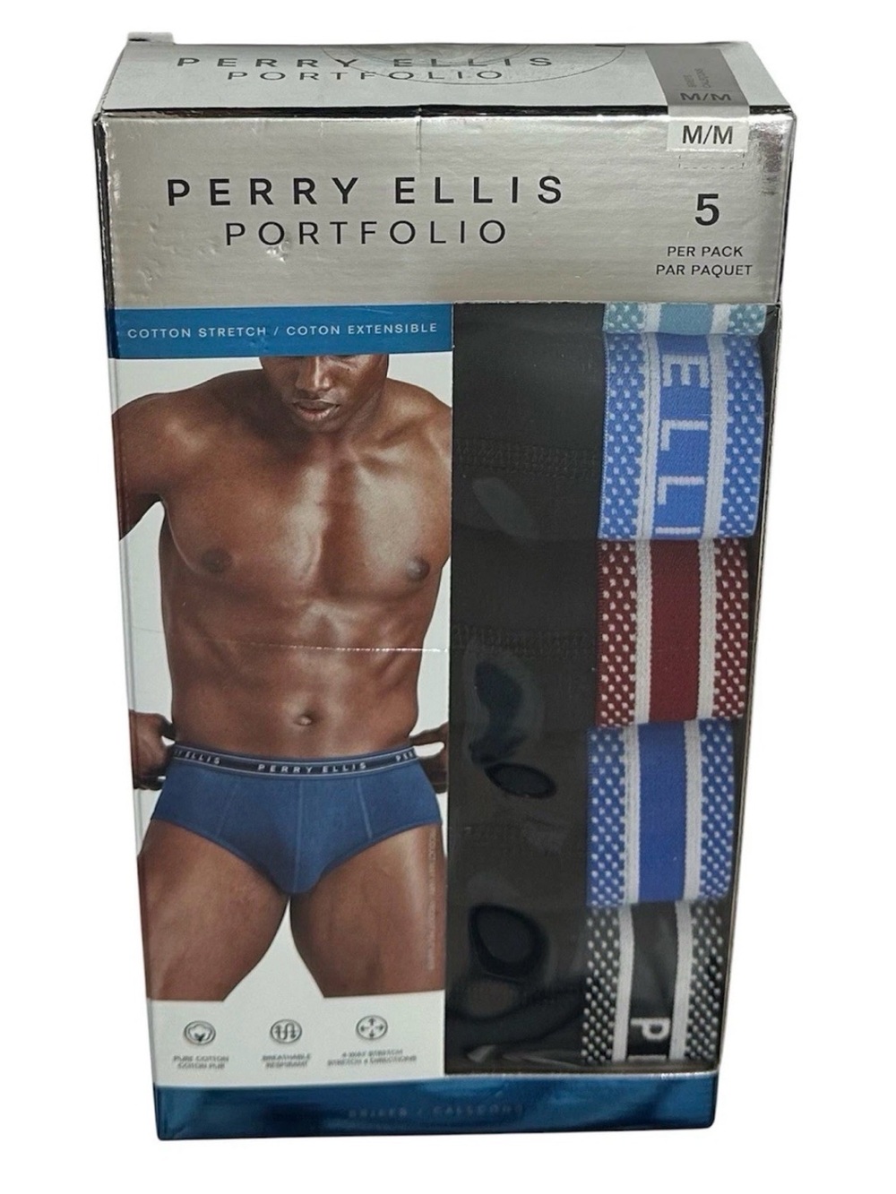 Perry Ellis Men's 5 Cotton Stretch Briefs Medium (32-34) Black